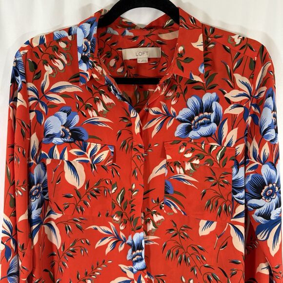 LOFT Blouse Women's Medium Orange Floral Button Up Long Sleeve Pockets - Picture 2 of 10